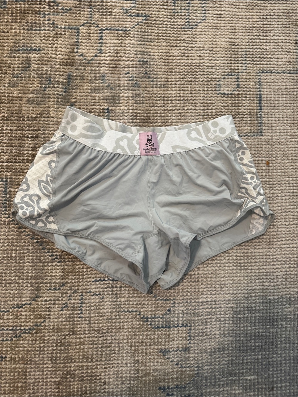 Psycho Bunny Light Gray Women's workout Shorts with psycho bunny Waistband